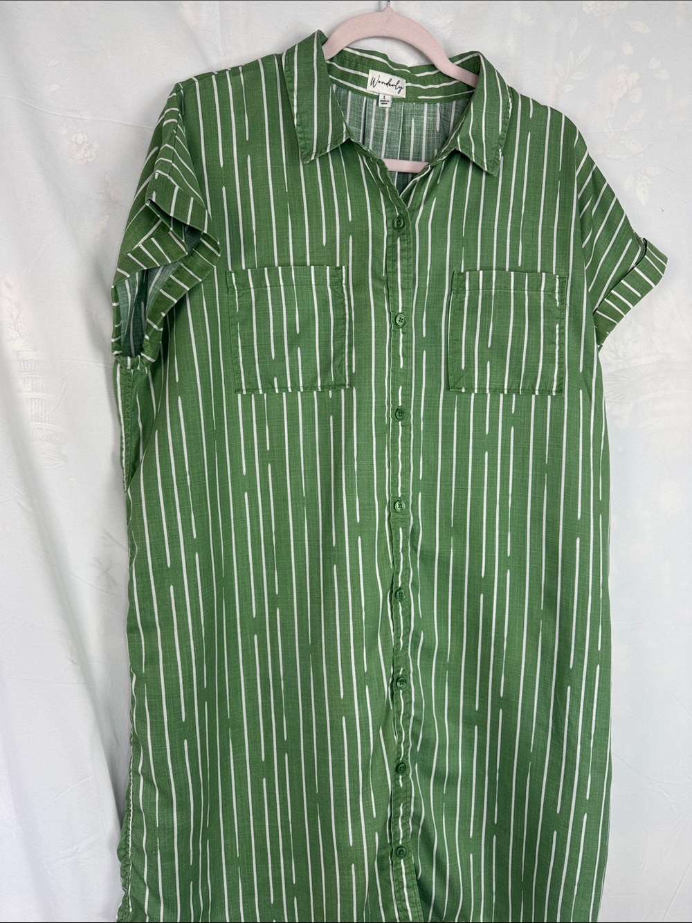 Wonderly Green Vertical-Strip Midi Shirt Dress - Picture 4 of 5